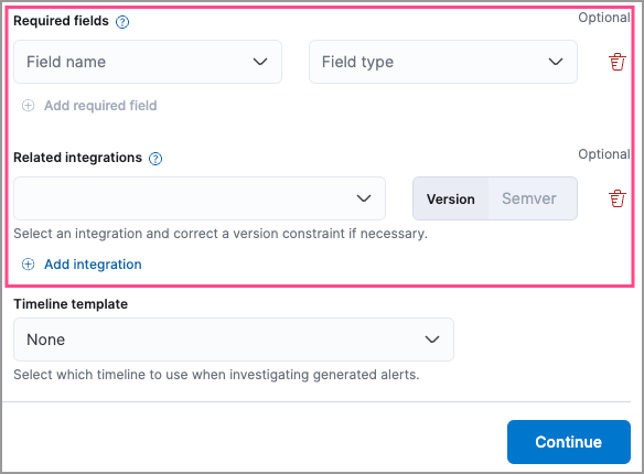 The Required fields and Related integrations fields highlighted in the Create new rule UI