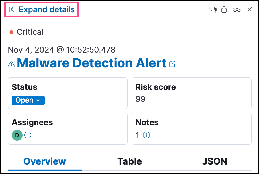 Expand details button at the top of the alert details flyout