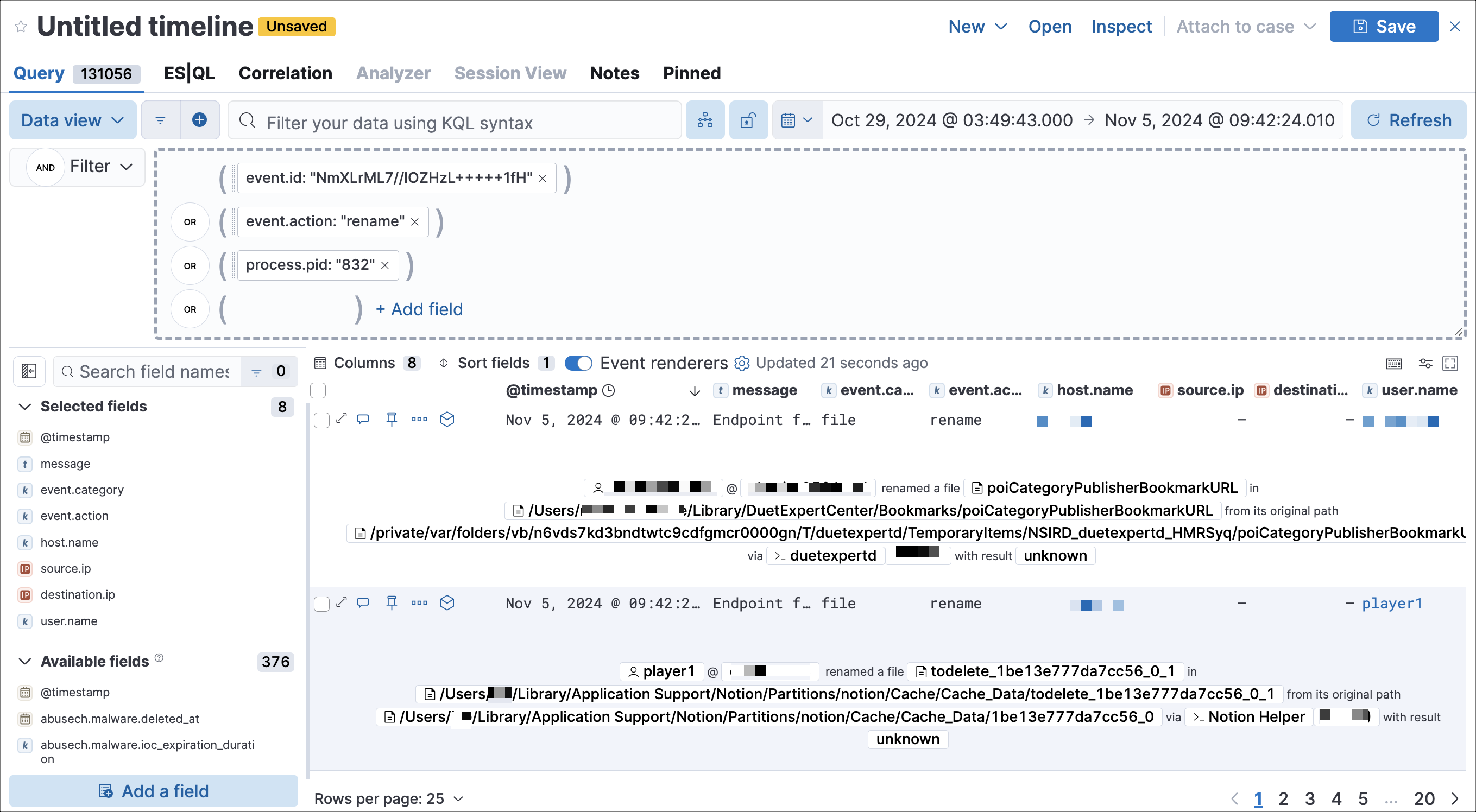 Timeline with query pre-loaded from investigation guide action