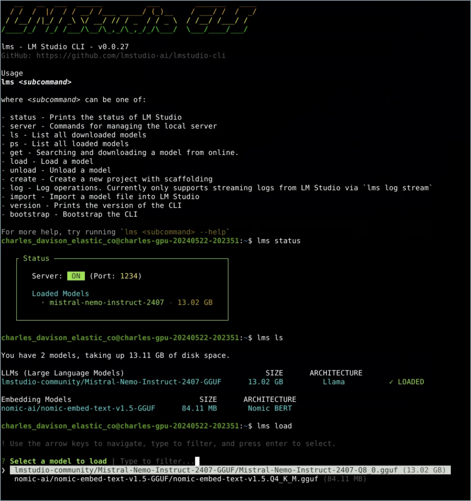 The CLI interface during execution of initial LM Studio commands