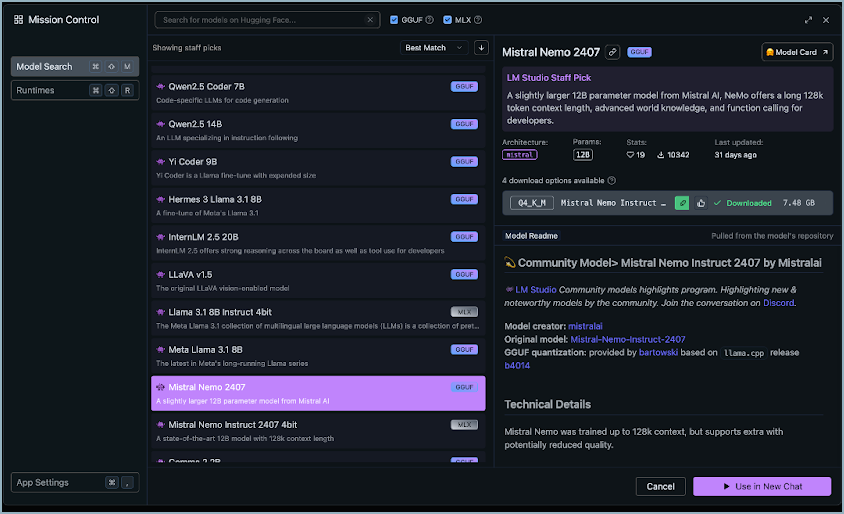 The LM Studio model selection interface