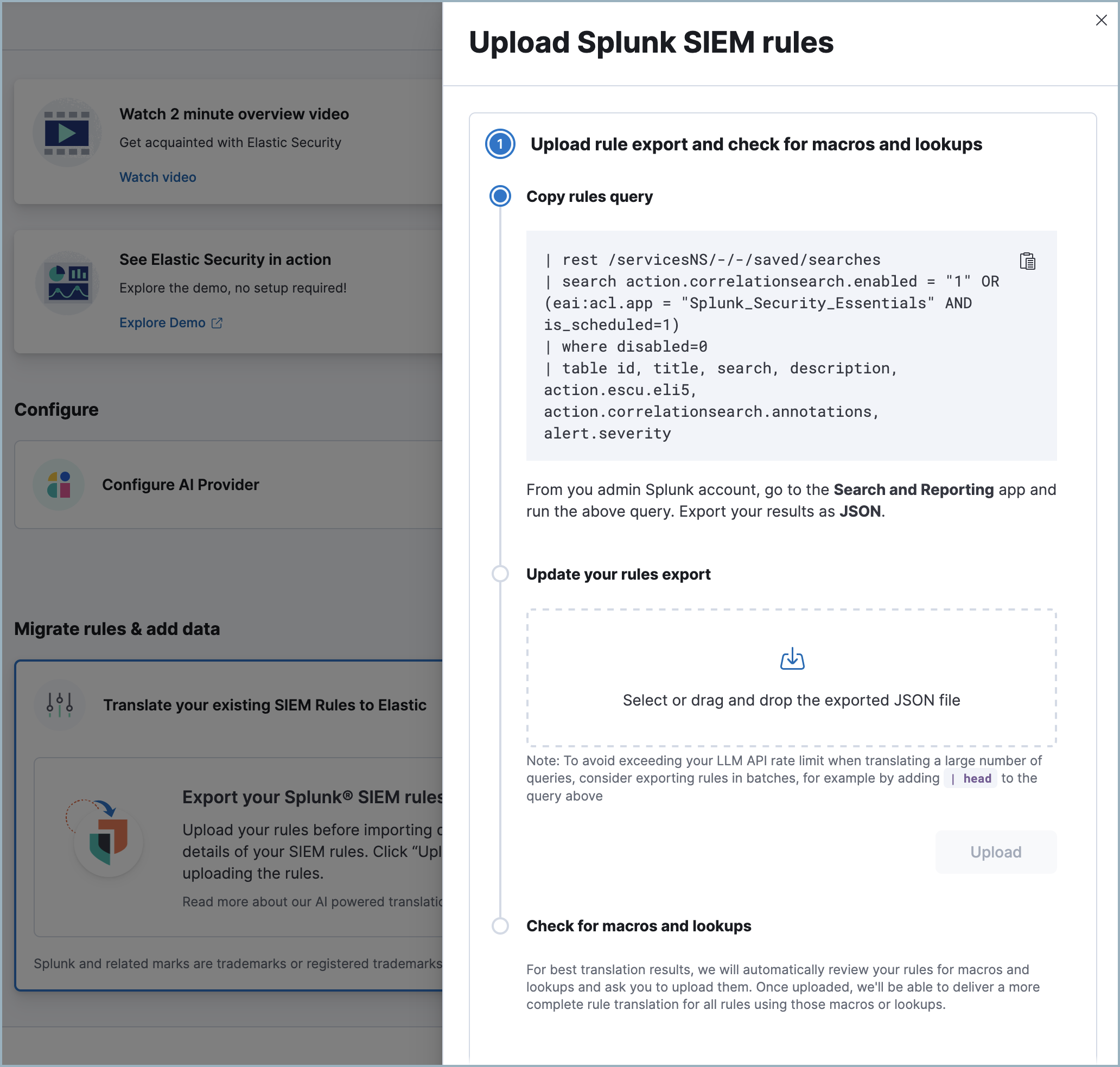 The Upload Splunk SIEM rules flyout