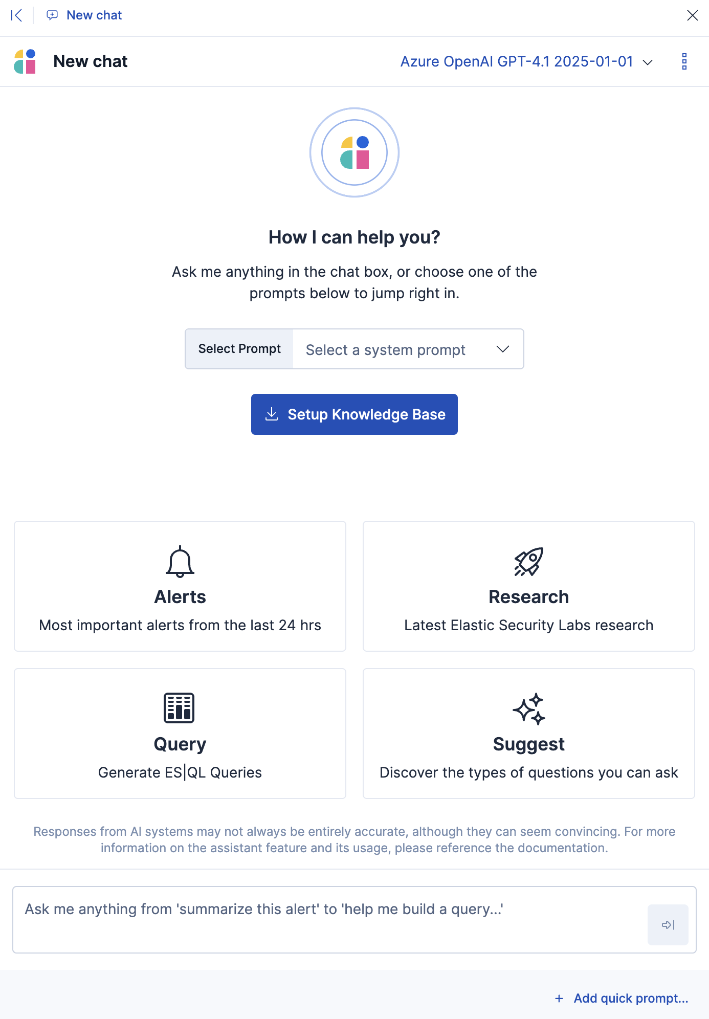 AI Assistant chat window with prompt tiles