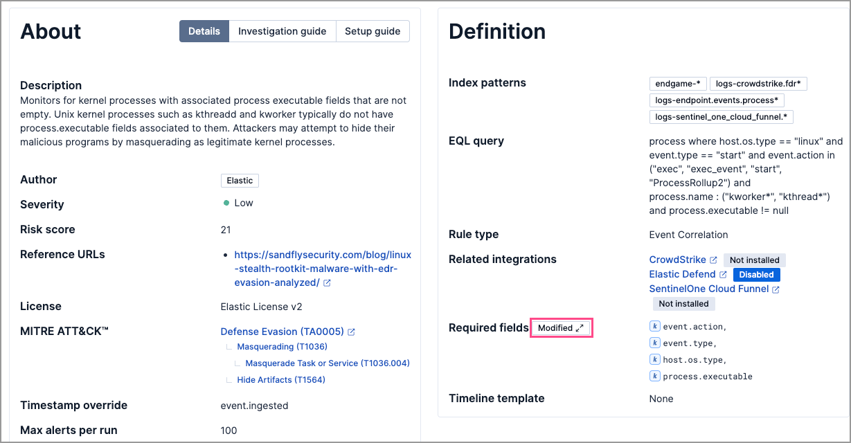 Modified field badge on rule details page