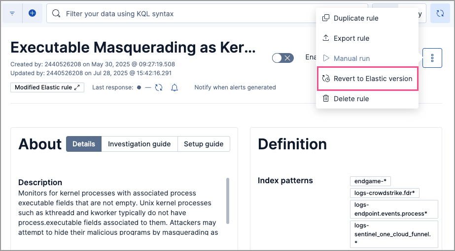 Option to revert customized prebuilt rule on rule details page