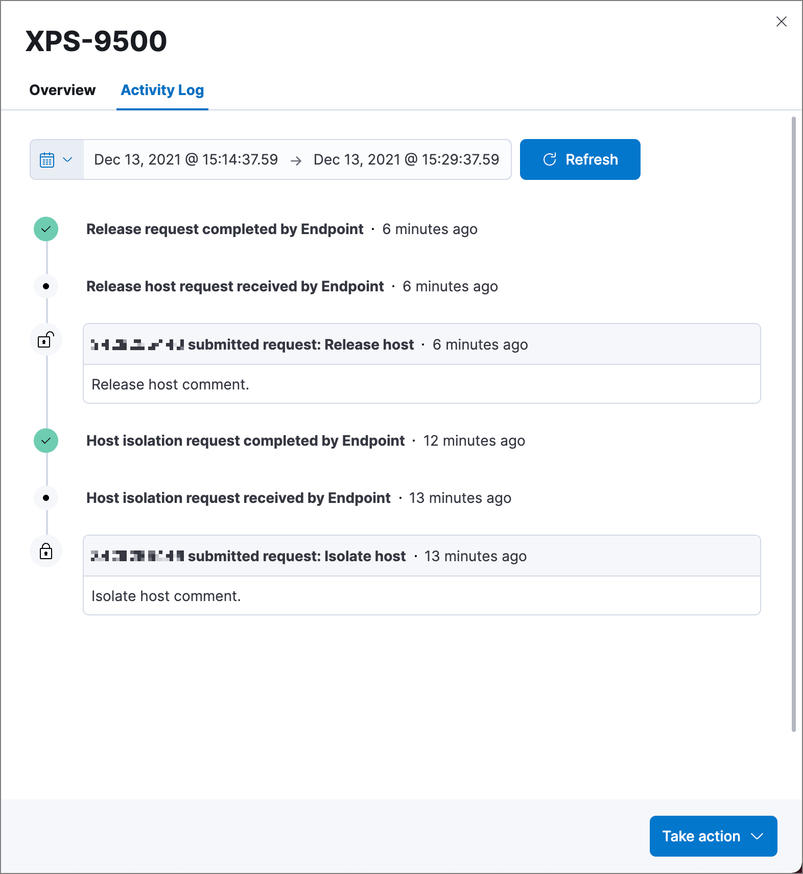 Shows the activity log of an isolated host