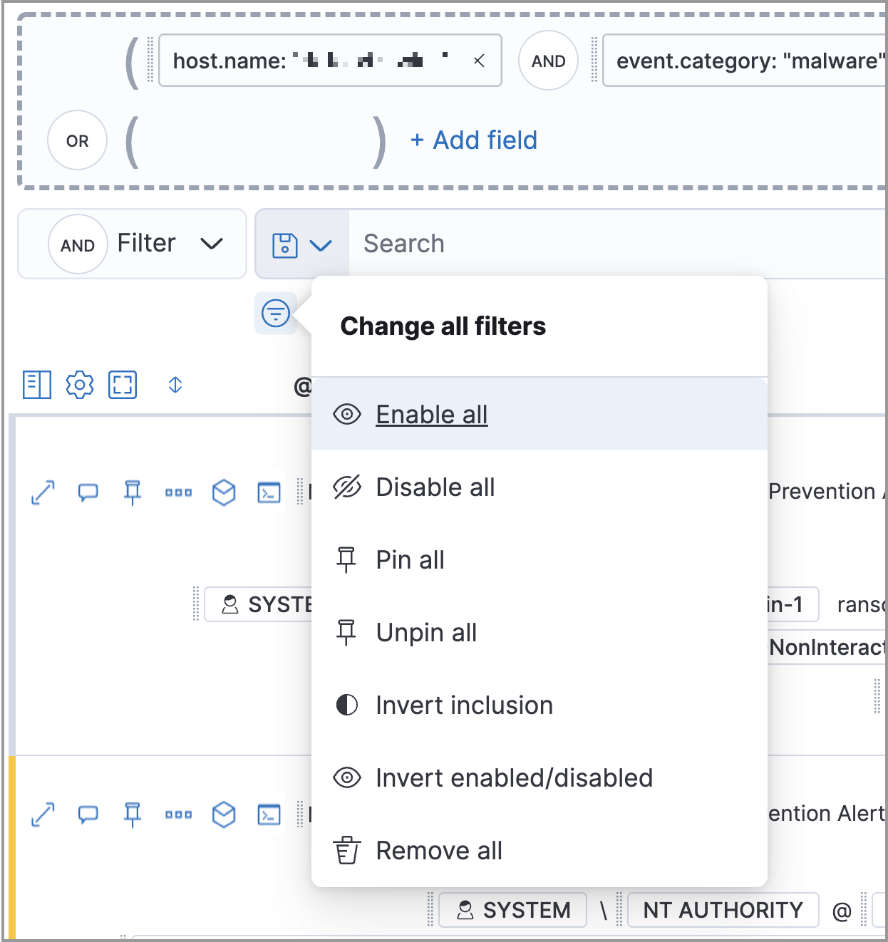 timeline ui filter options