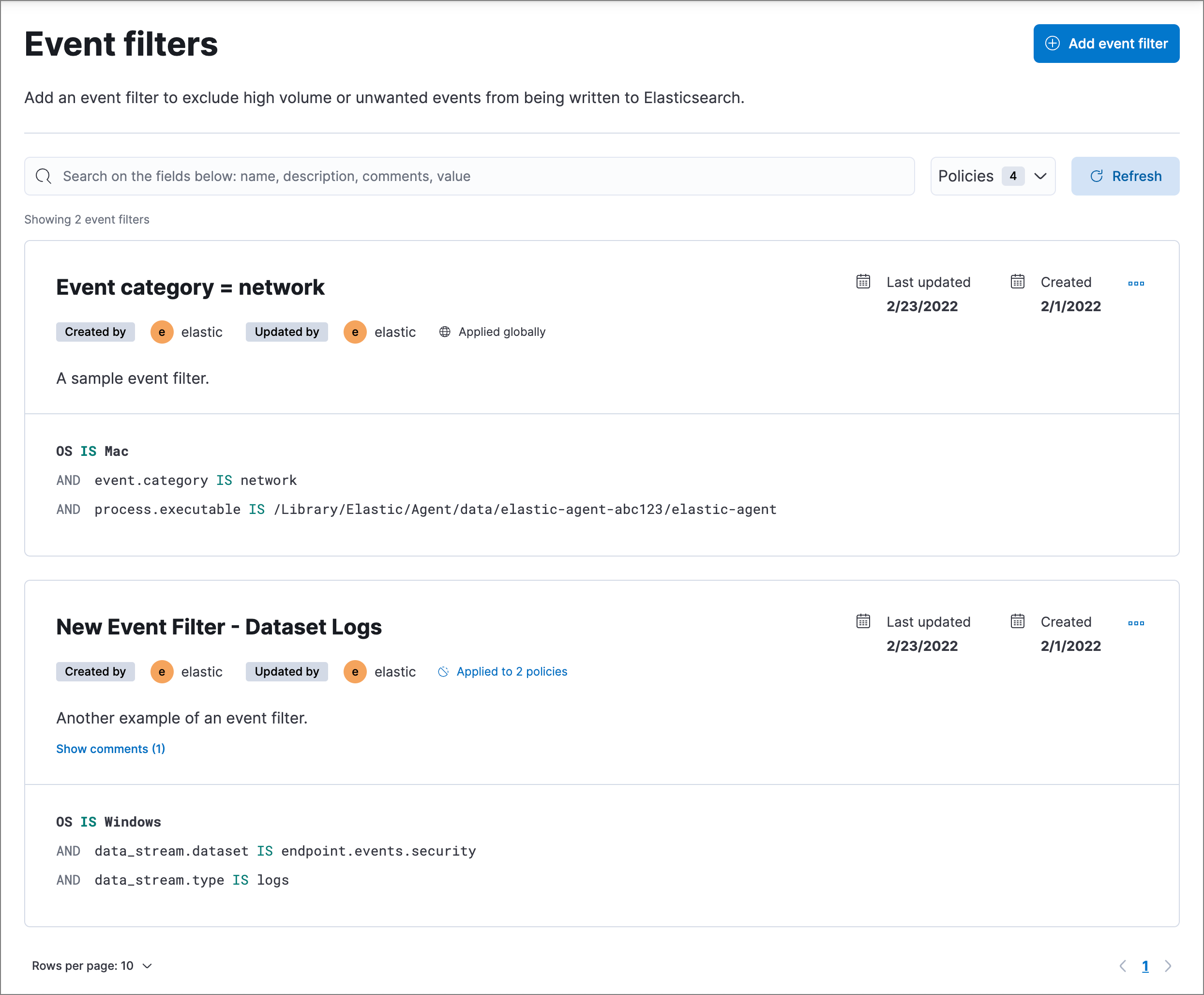 Shows the Event filters page