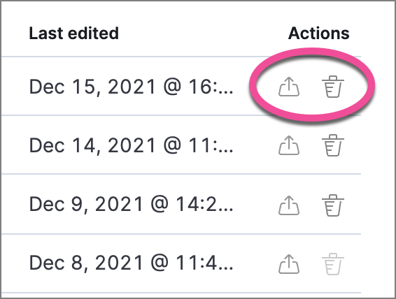 Detail of Exception lists table with export and delete buttons highlighted