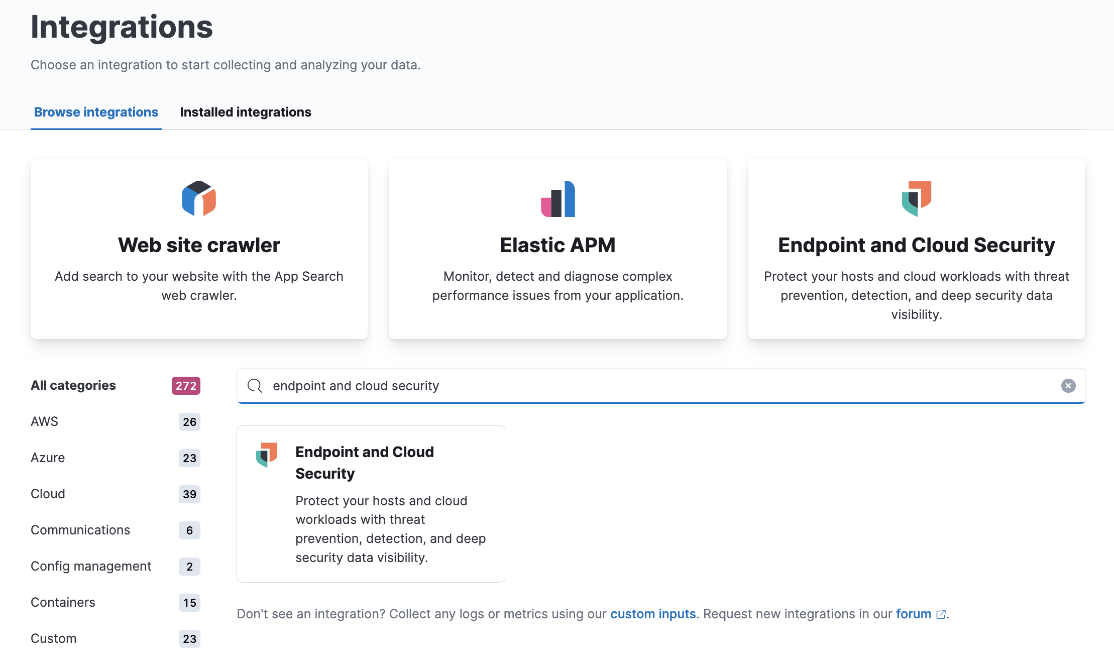 Search result for "Endpoint and Cloud Security" on the Integrations page.