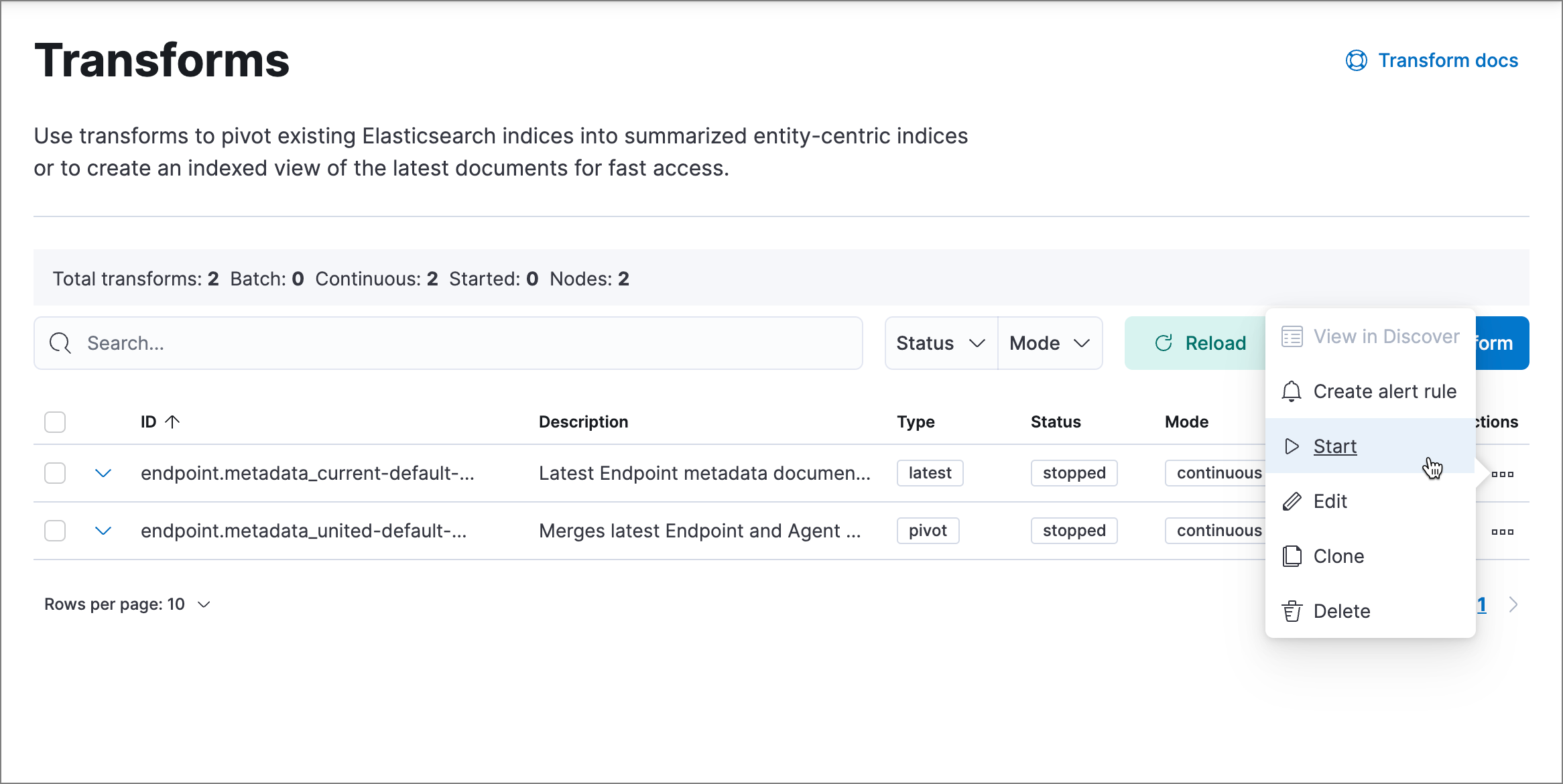 Transforms page with Start option selected