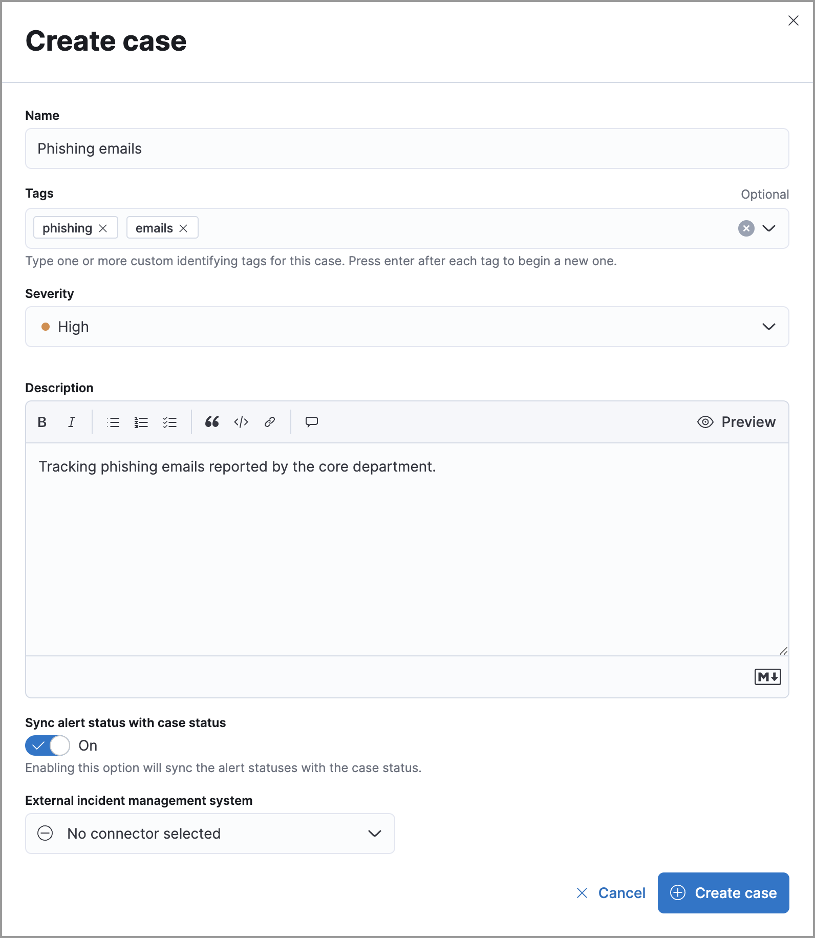 Create case flyout with sample data filled in