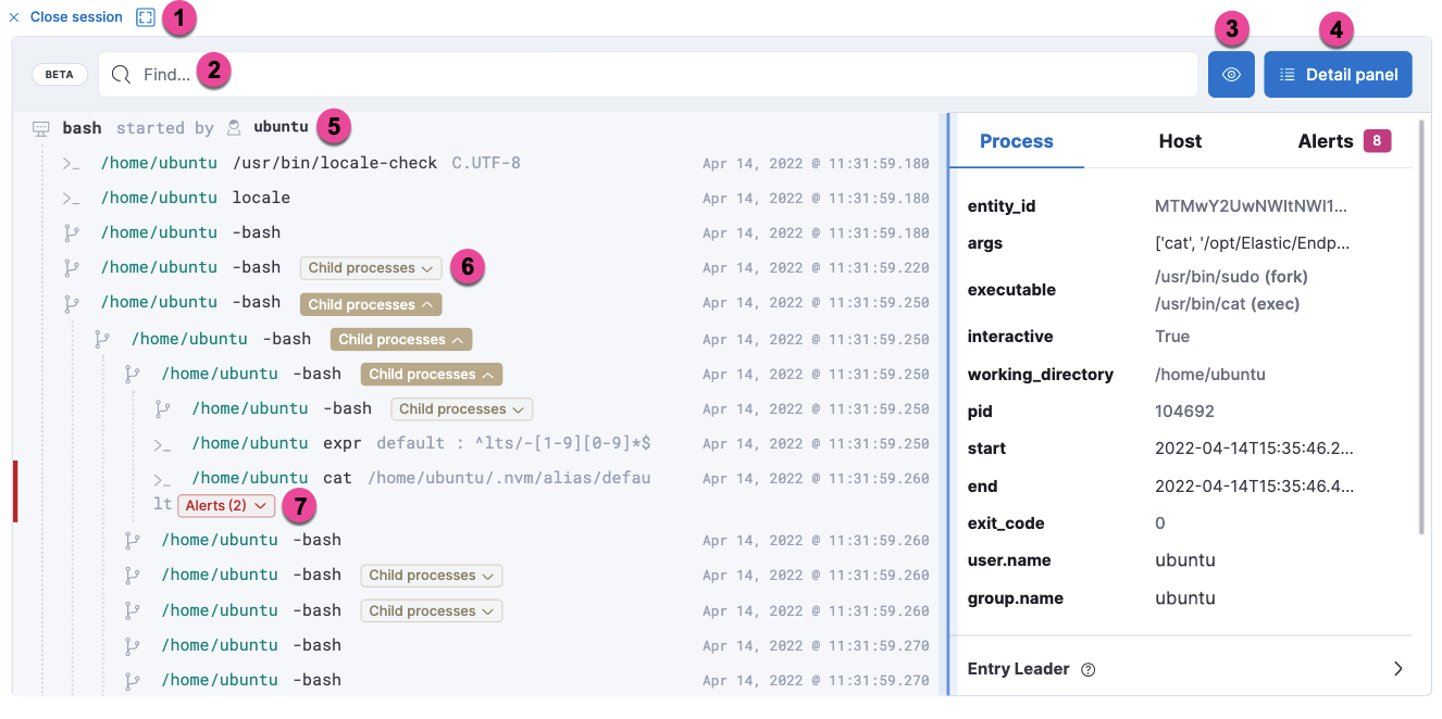 Detail of Session view with labeled UI elements