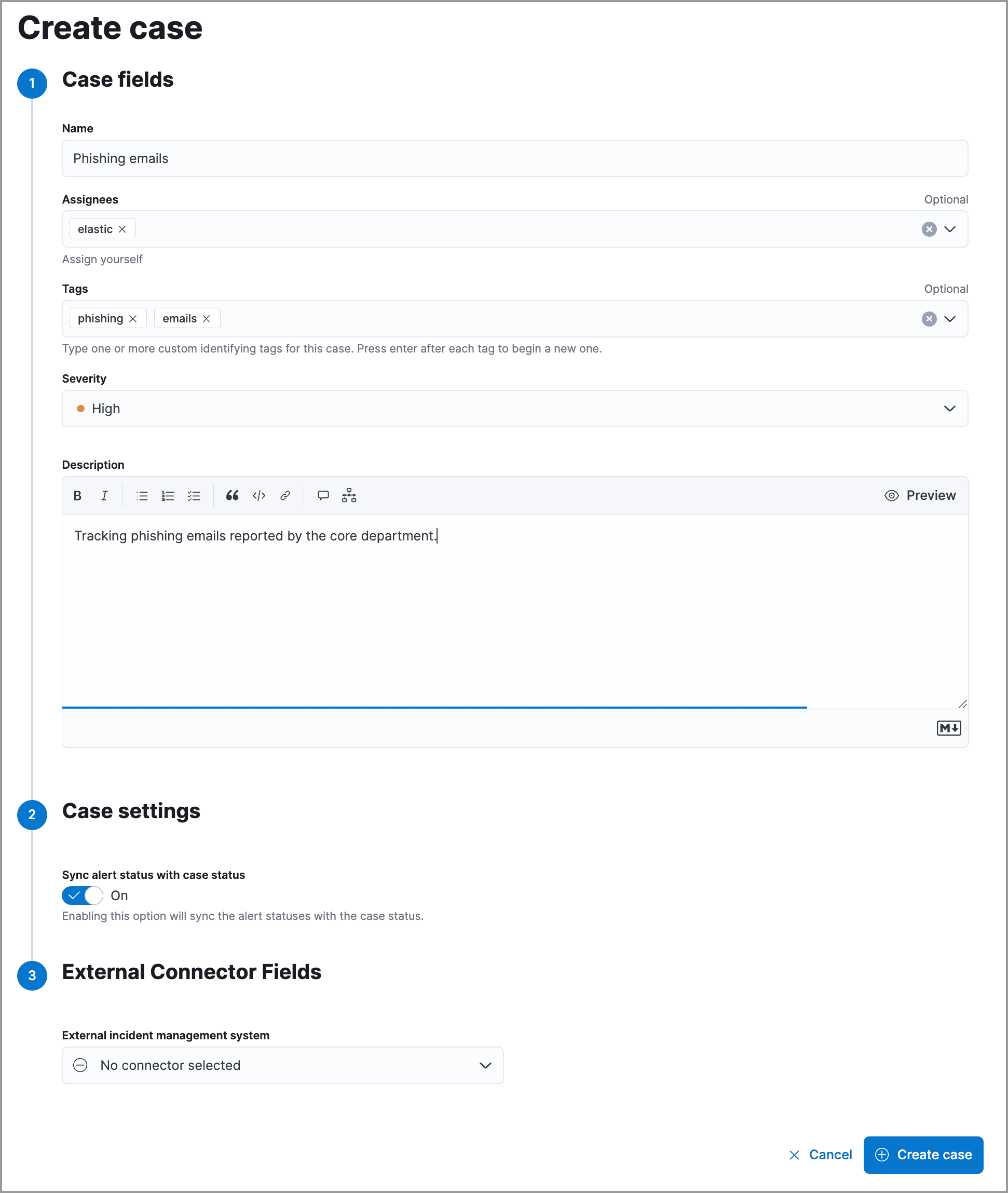 Create case flyout with sample data filled in