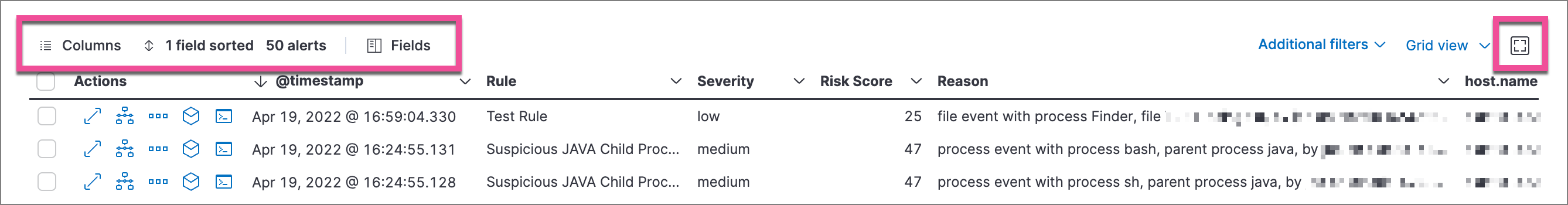 Alerts table with toolbar buttons highlighted