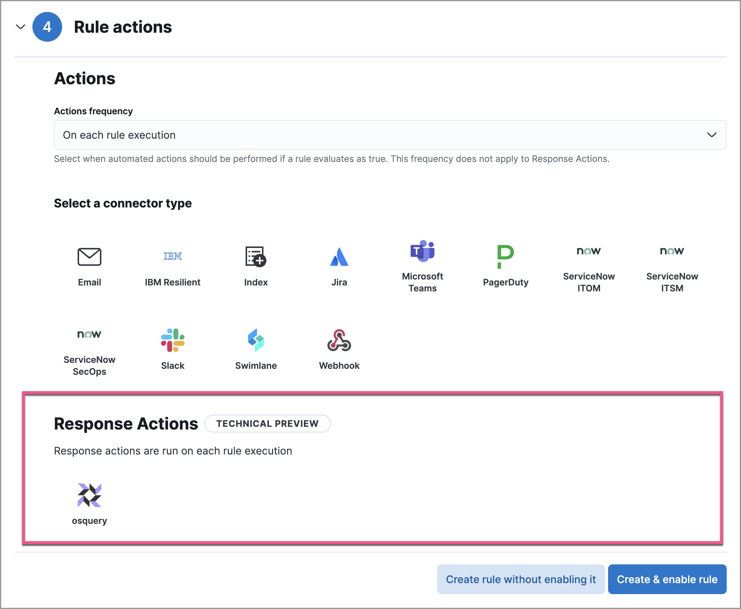 Shows available response actions