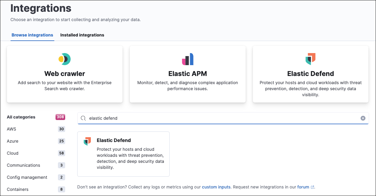 Search result for "Elastic Defend" on the Integrations page.