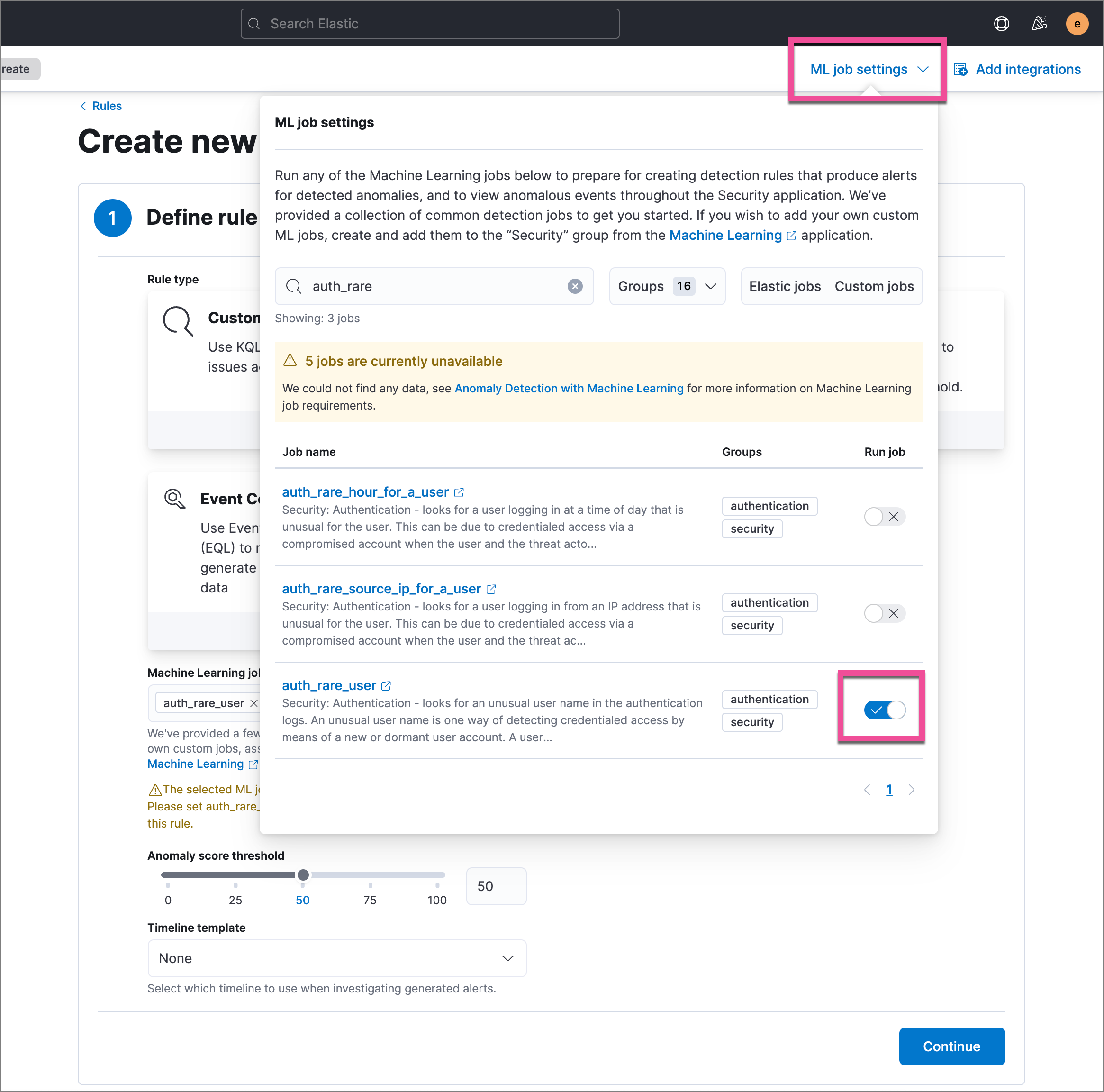 Turning on a machine learning job in the ML job settings menu