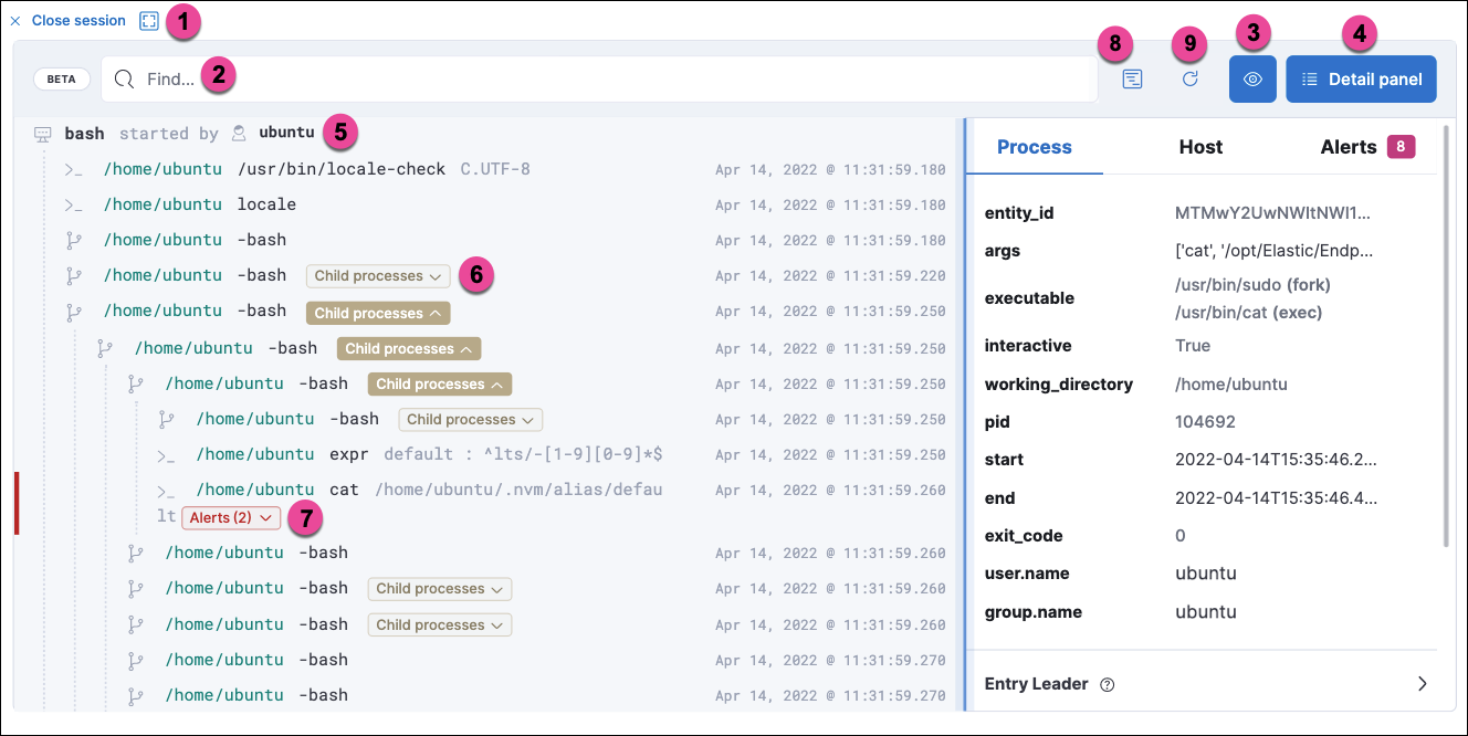 Detail of Session view with labeled UI elements