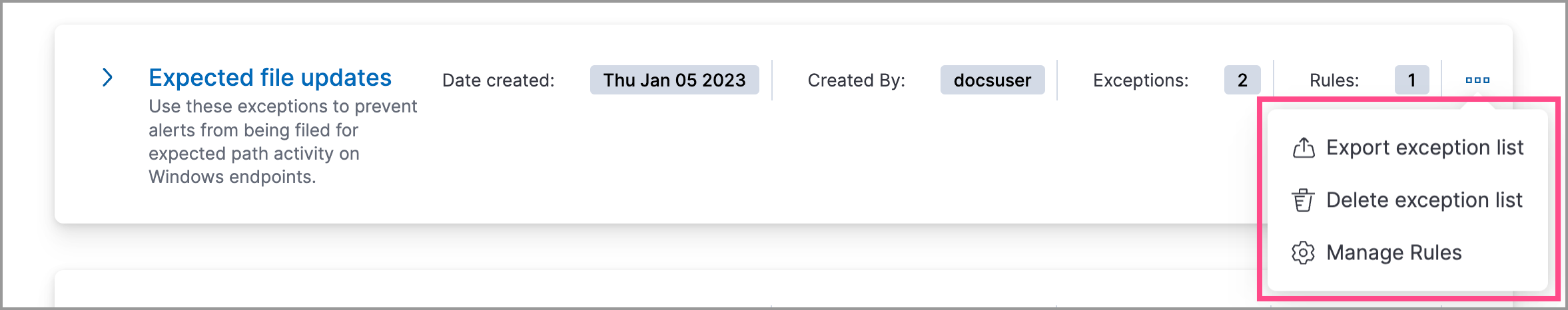 Detail of Exception lists table with export and delete buttons highlighted