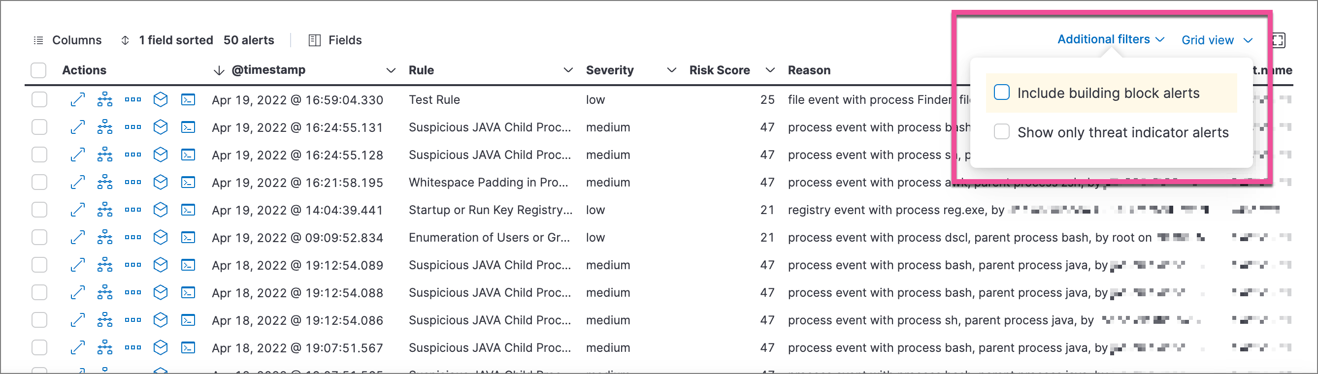 Alerts table with Additional filters menu highlighted