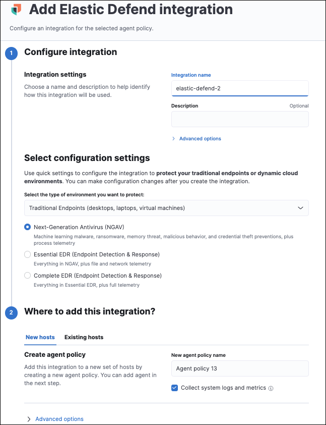 Add Elastic Defend integration page