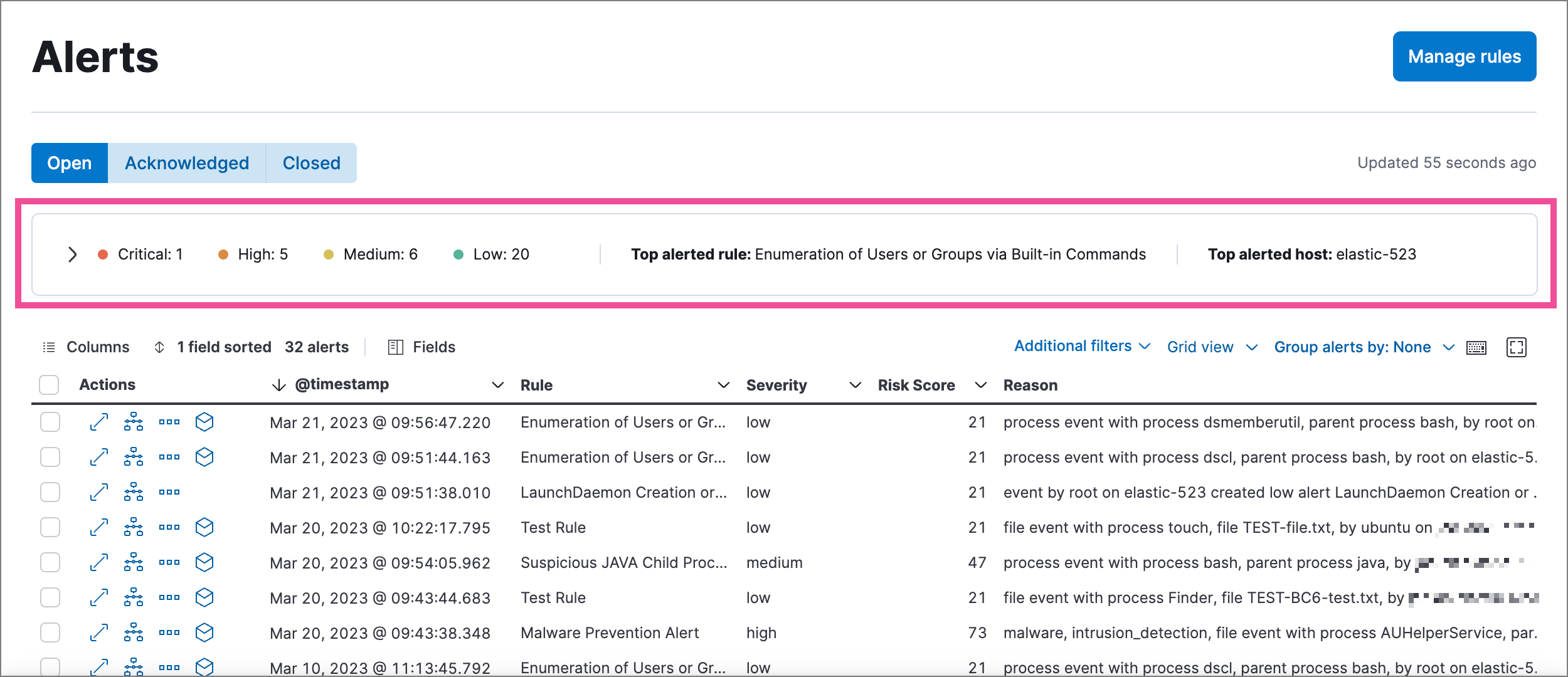 Alerts page with visualizations section collapsed