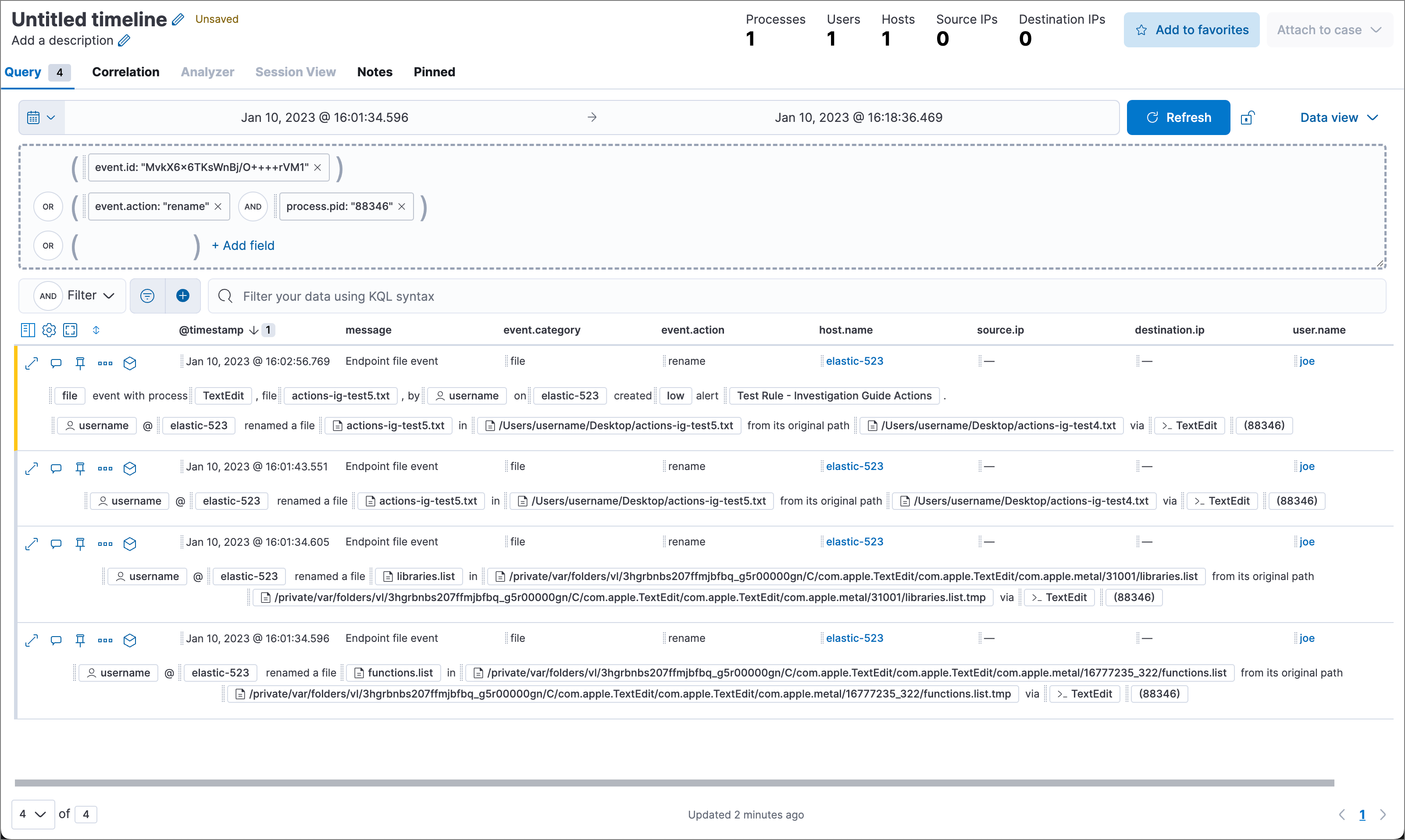 Timeline with query pre-loaded from investigation guide action