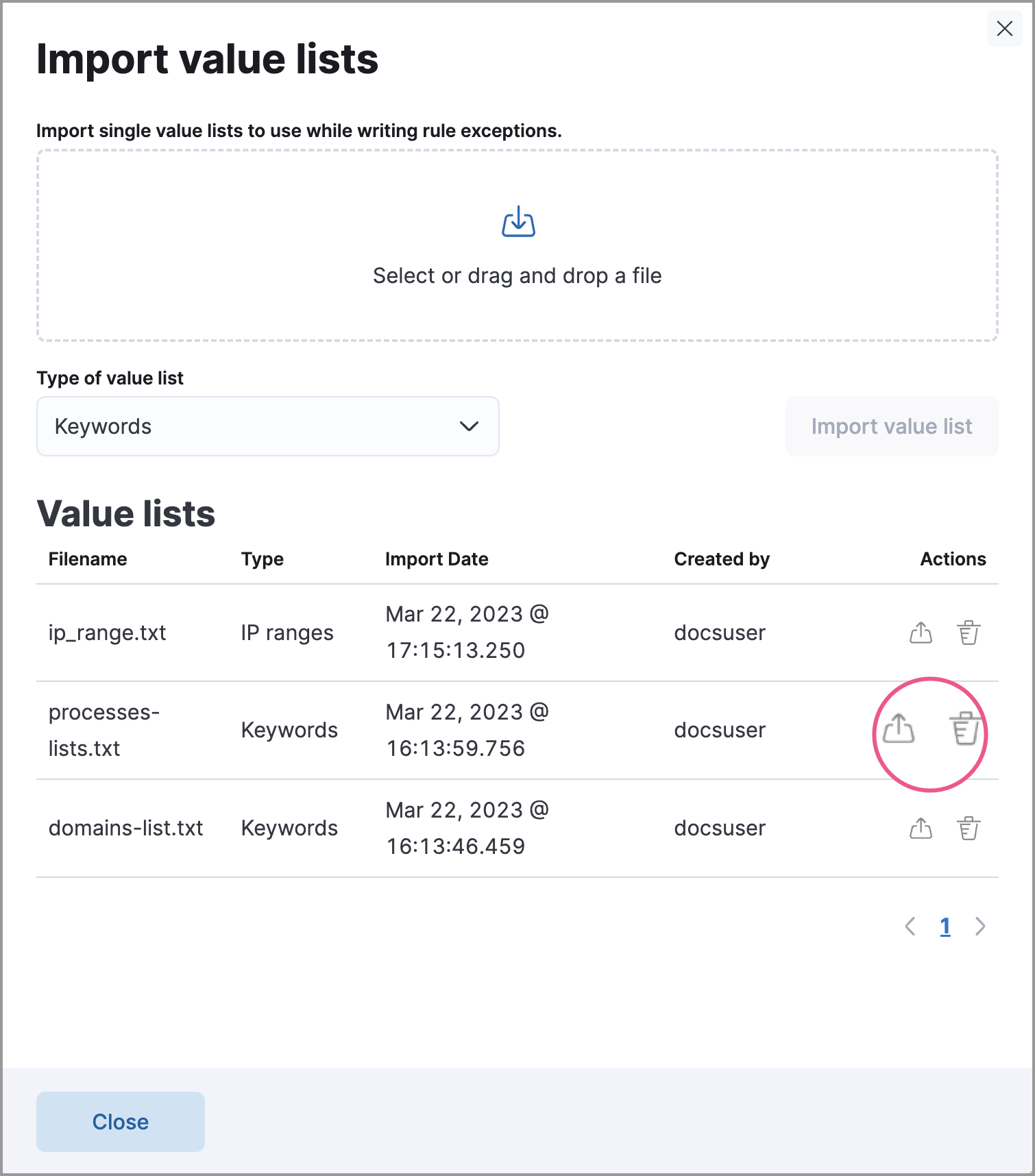 Import value list flyout with action buttons highlighted