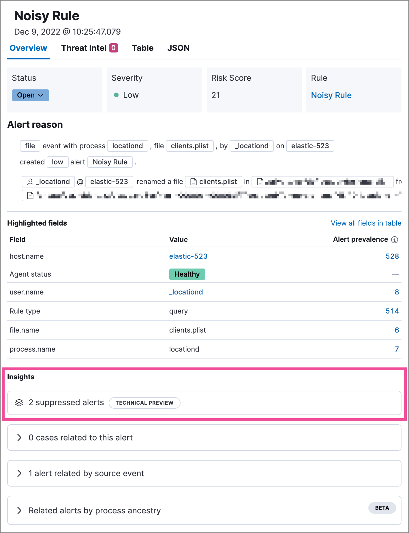 Suppressed alerts Insights section in alert details flyout