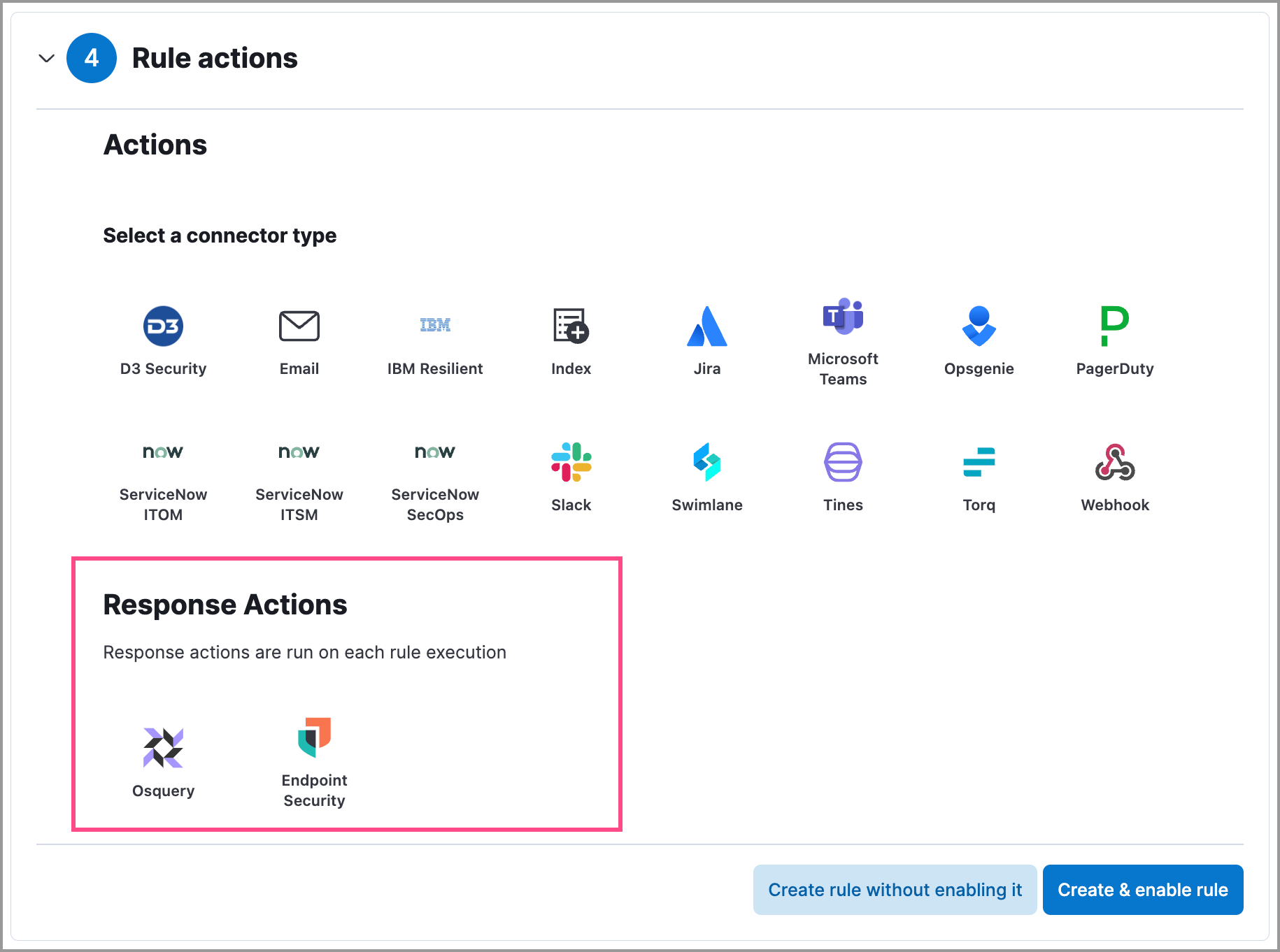 Shows available response actions