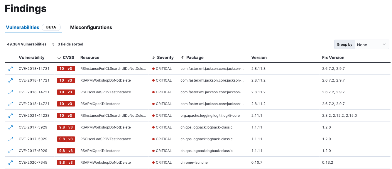 The Vulnerabilities tab of the Findings page