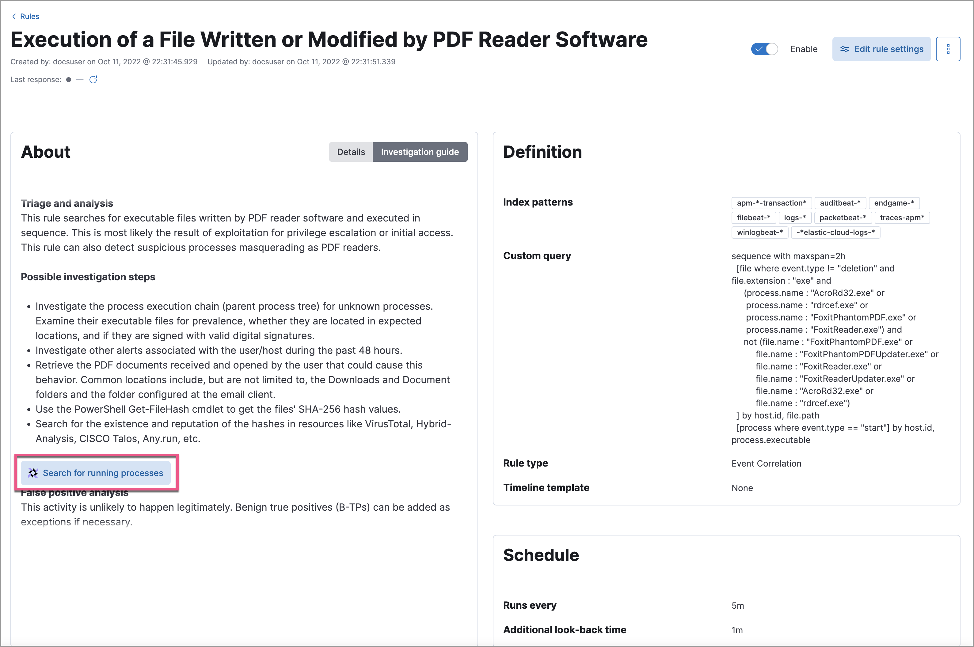 Shows a live query in an investigation guide