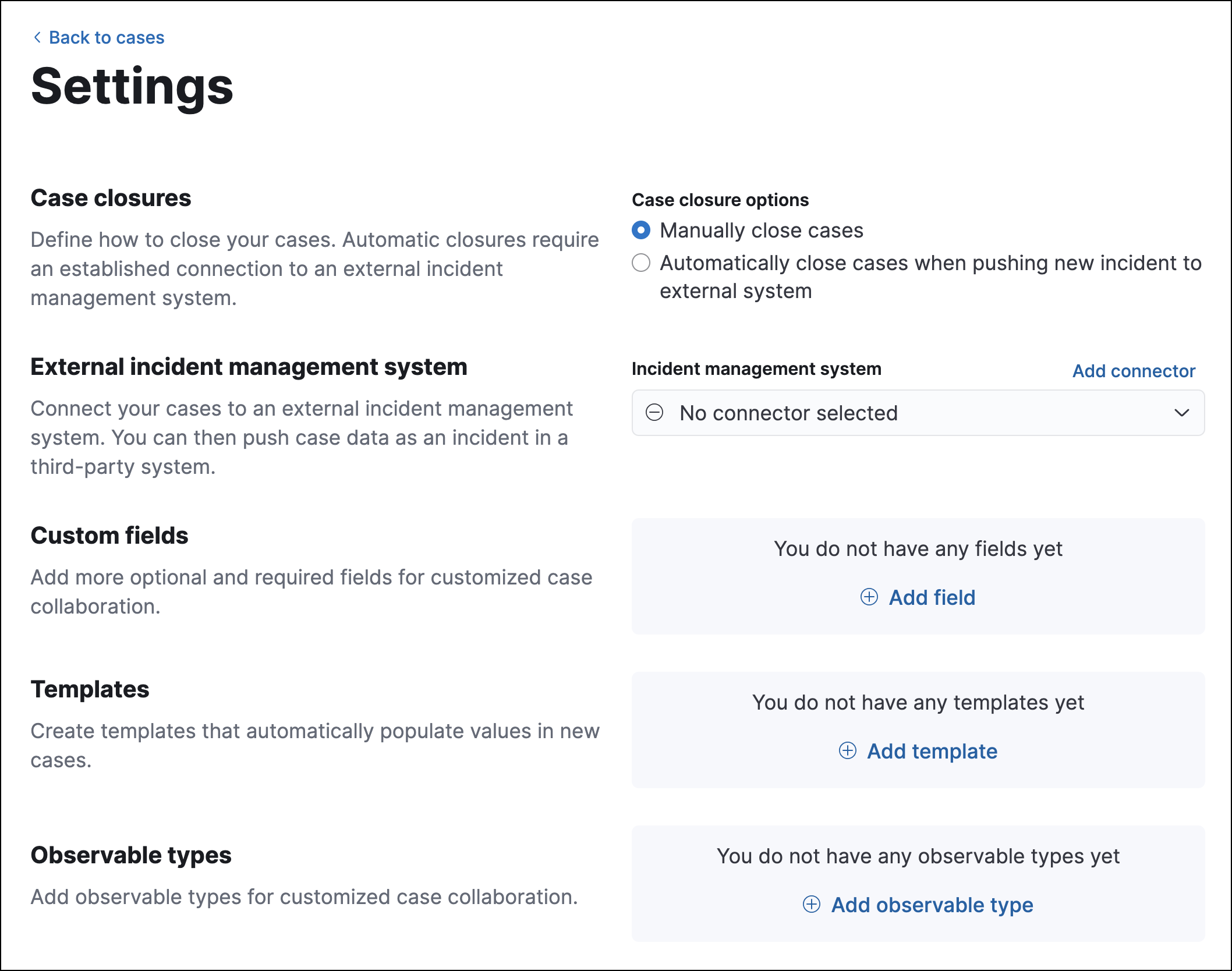 Shows the case settings page