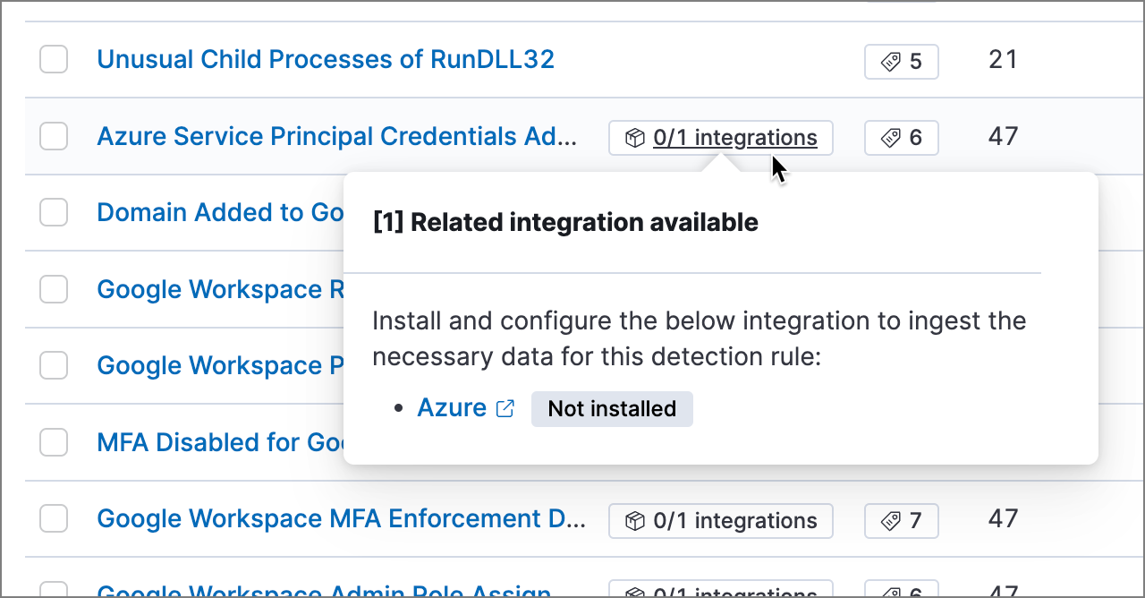 Rules table with related integrations popup