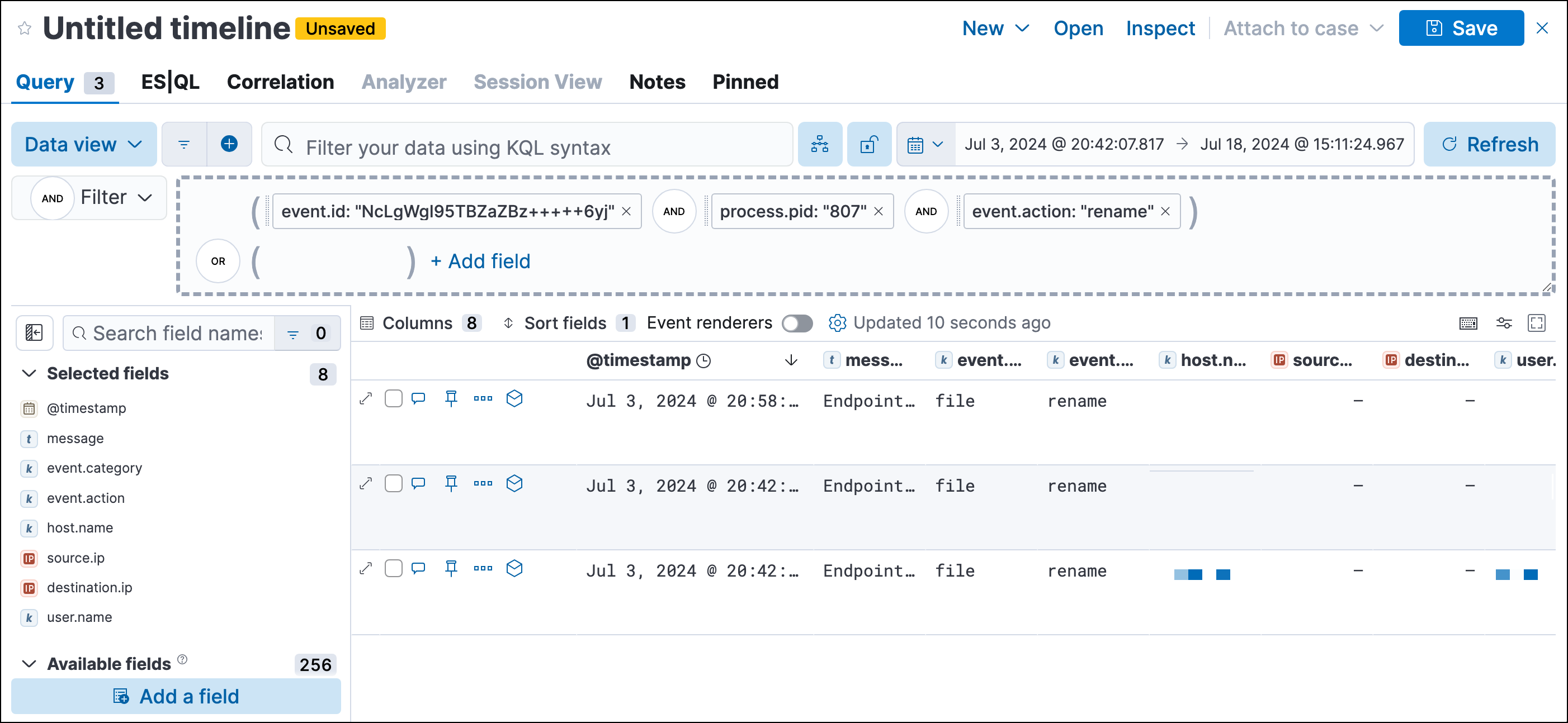 Timeline with query pre-loaded from investigation guide action