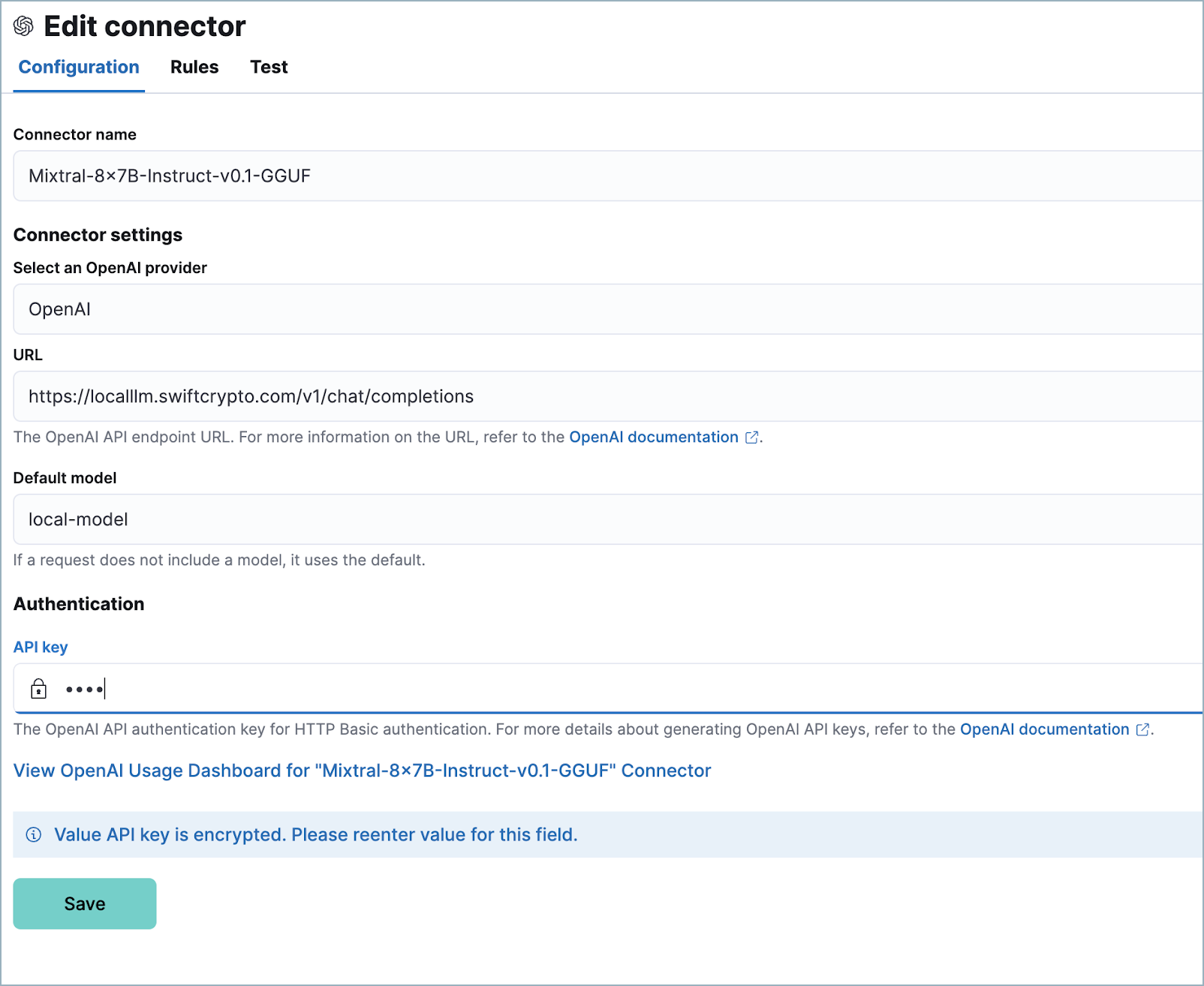 The Edit connector page in the Elastic Security app