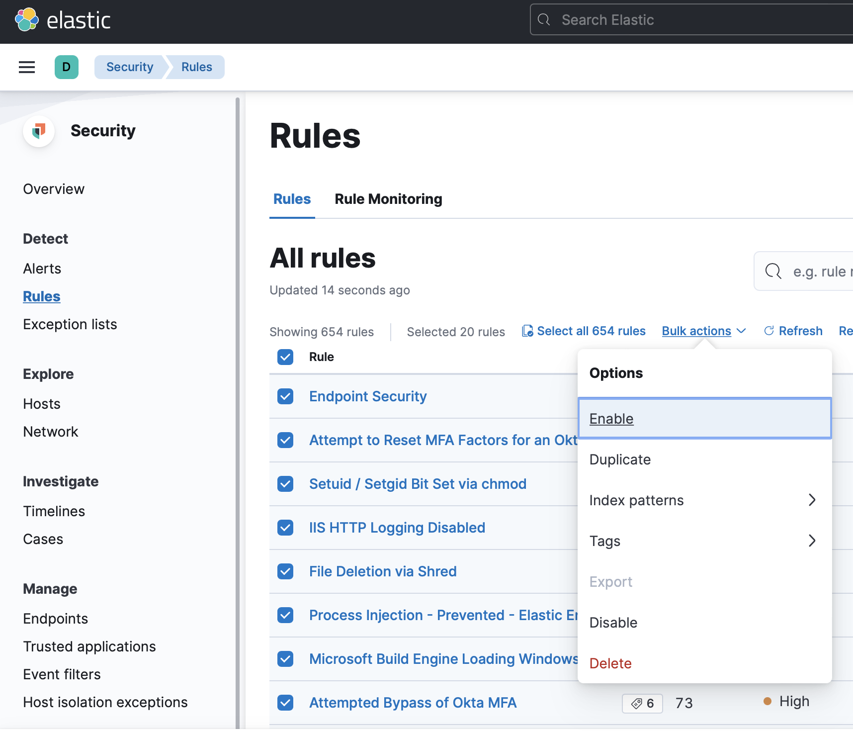 Contextual menu for enabling detection rules