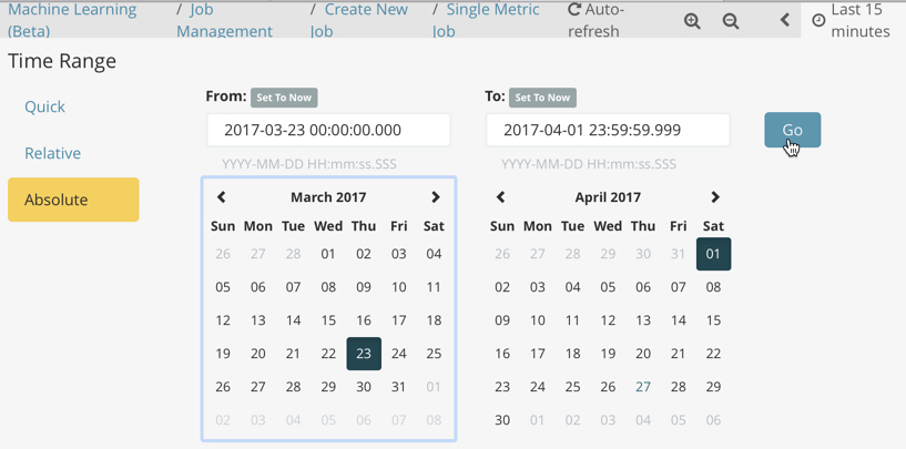 Setting the time range for the datafeed