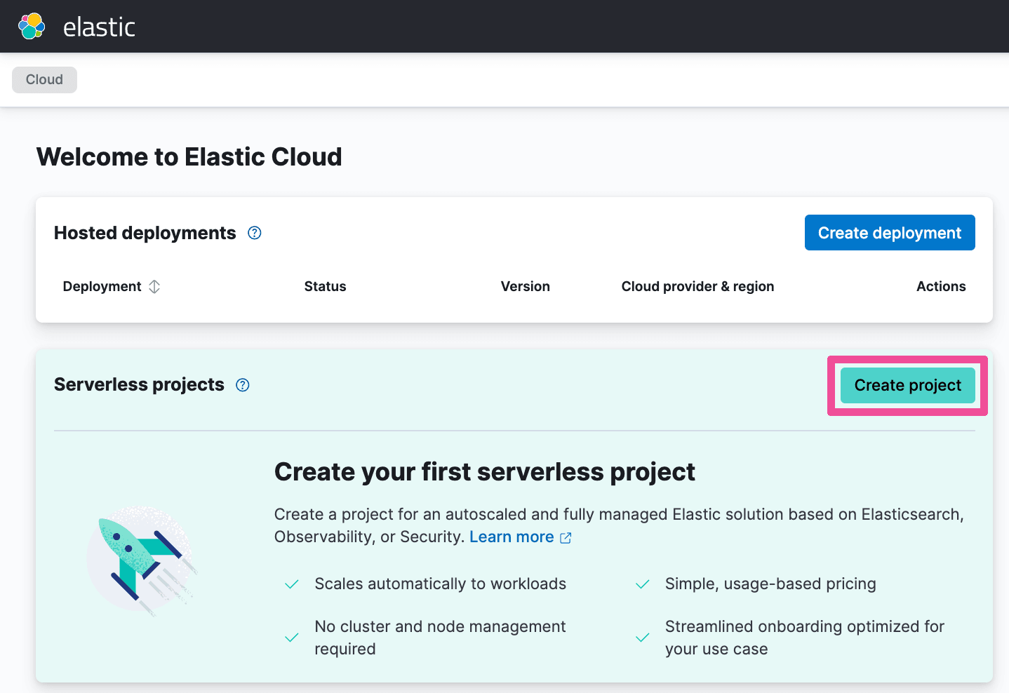 Create Elastic serverless project