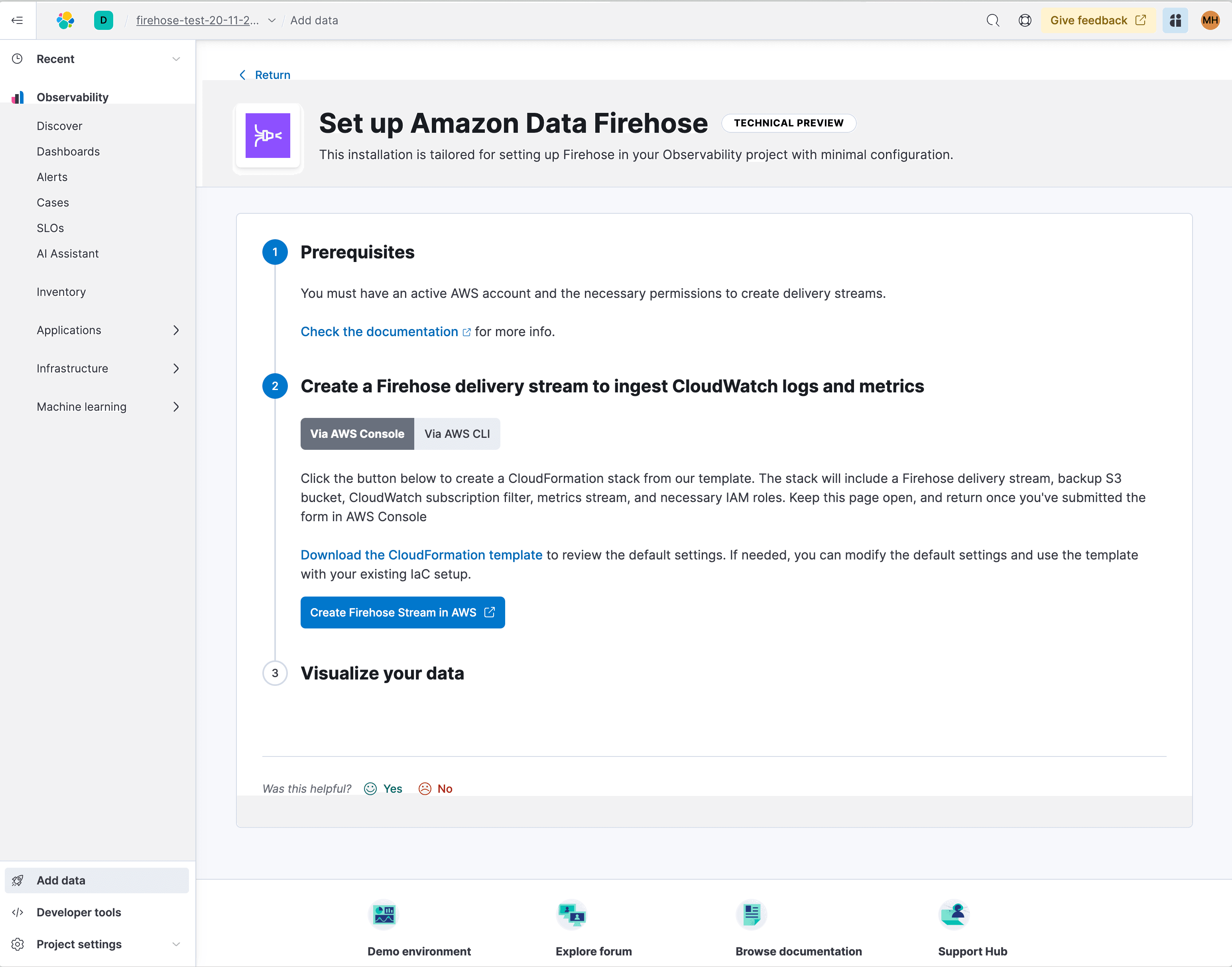 Firehose onboarding step 1