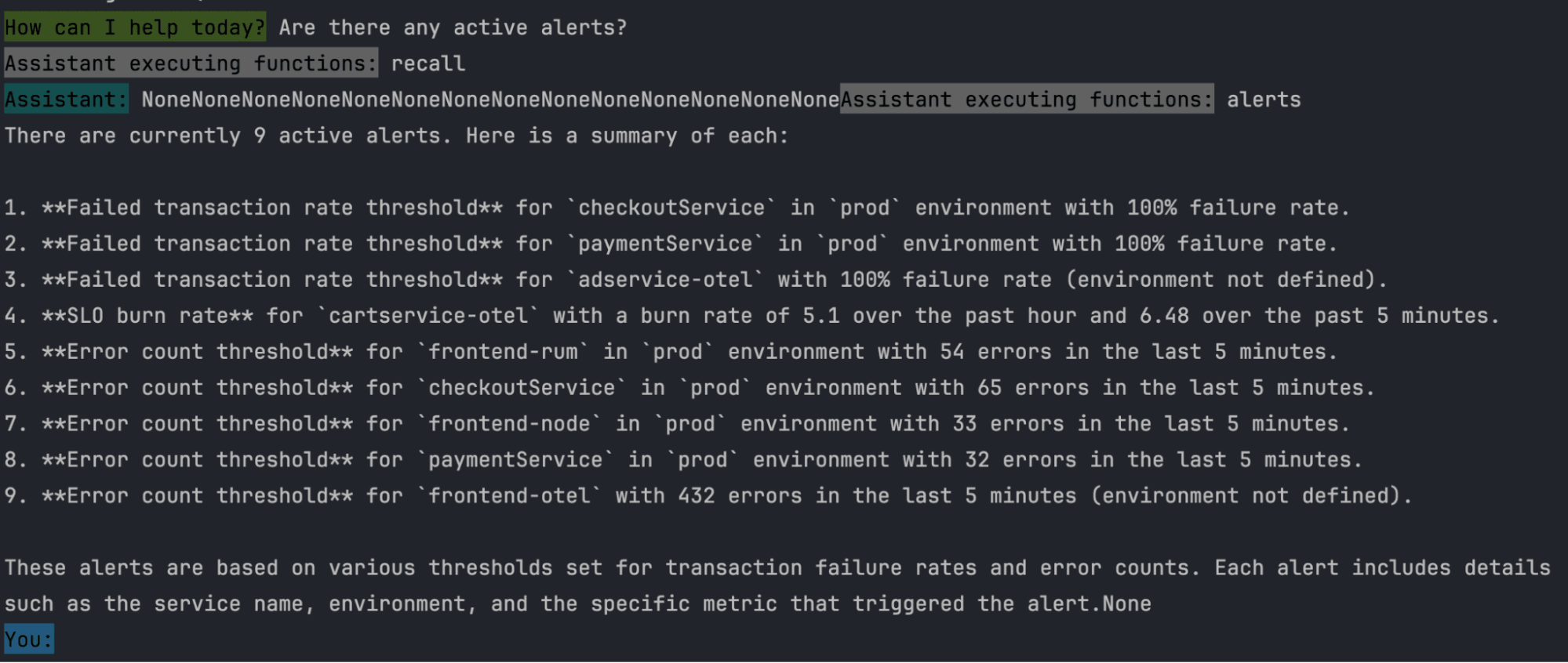 Asking the AI Assistant to list all active alerts.