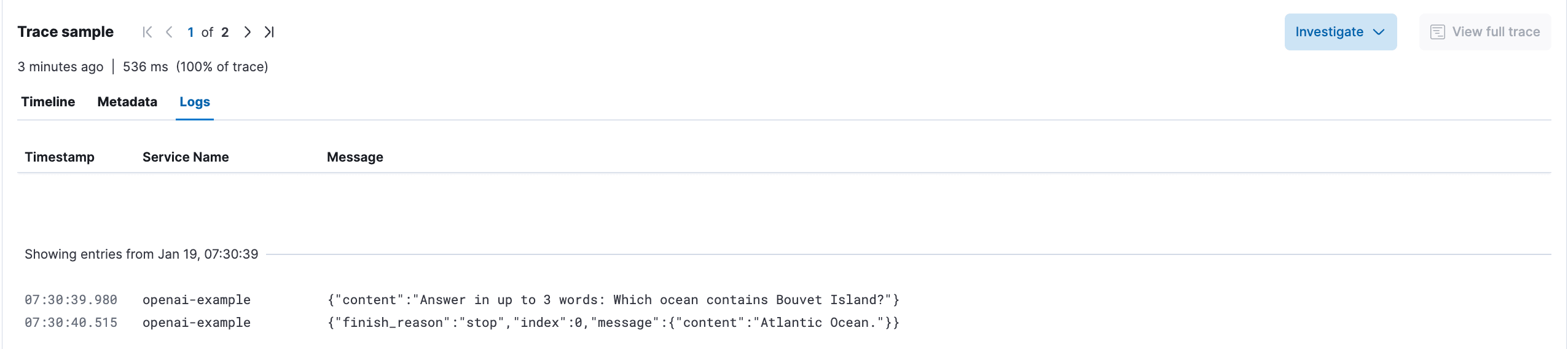 Kibana transaction logs