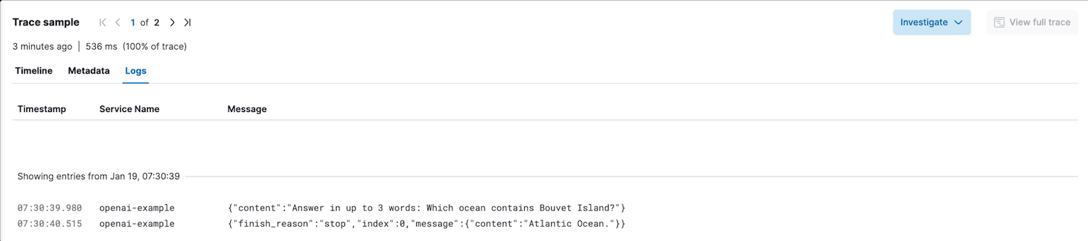 OpenAI Trace sample with logs 