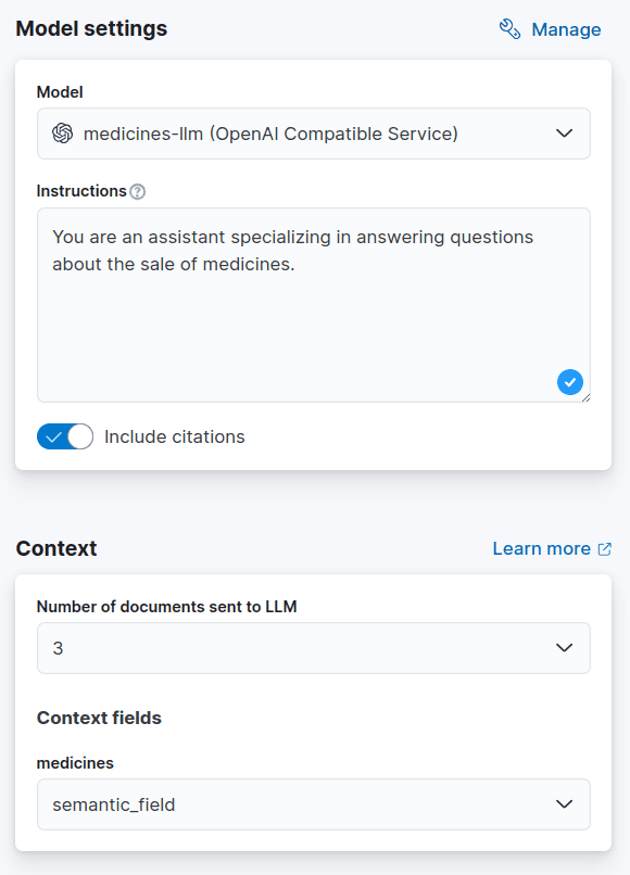 Moel settings in Elastic Playground