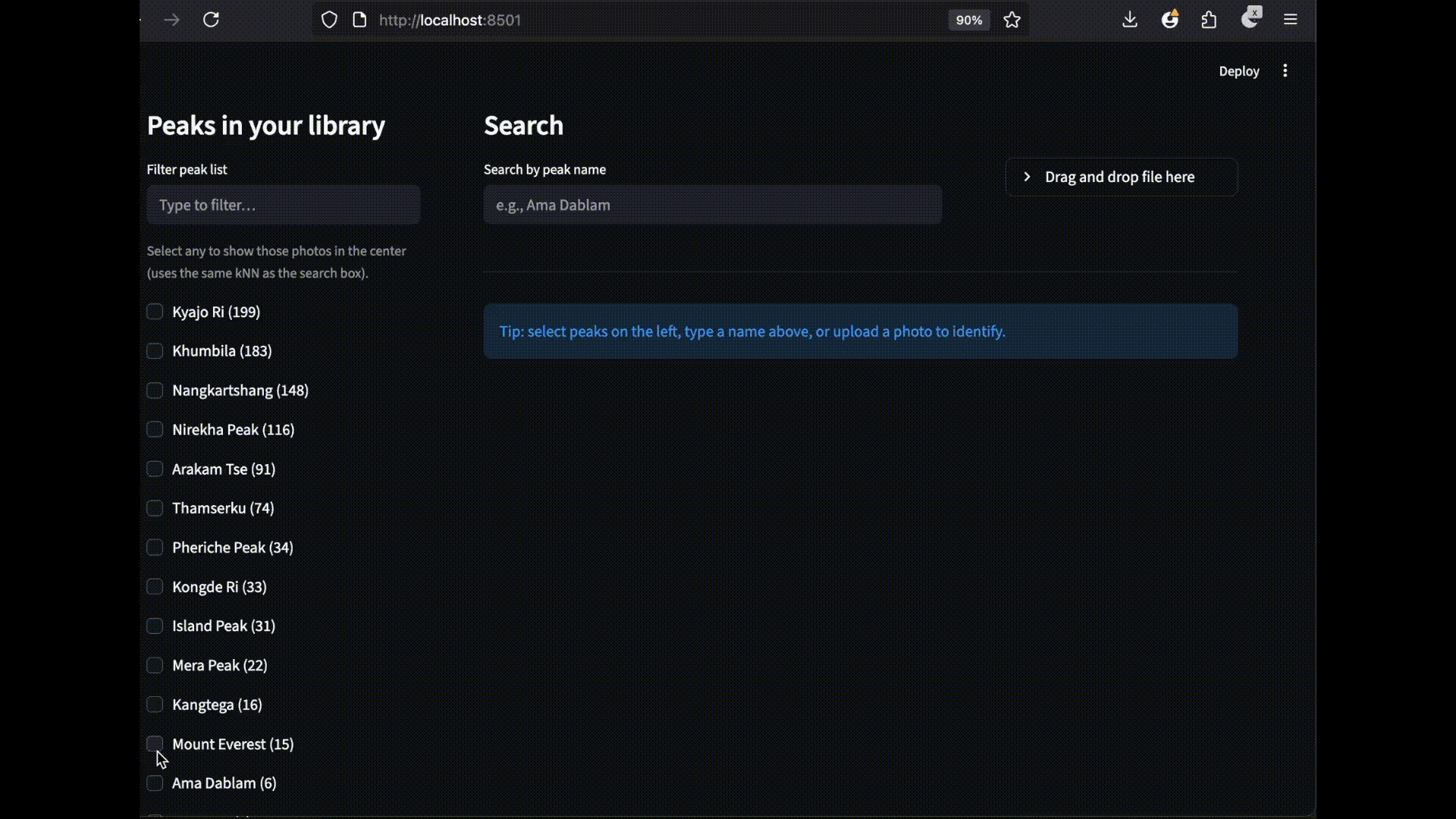 Libarary of different mountain peak photos from the Mount Everest hike.