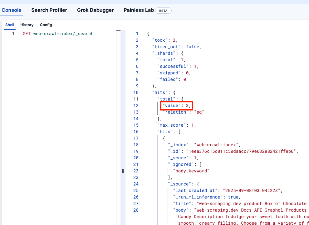 Kibana DevTools code to confirm the web-crawler-index is setup correctly.