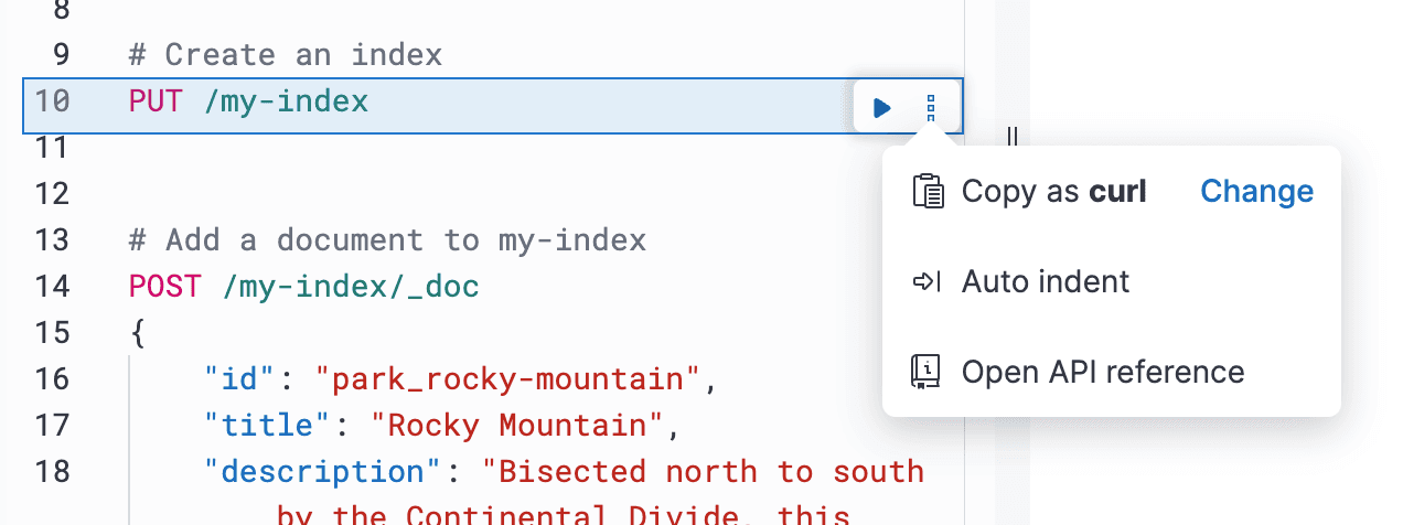 Kibana Dev Console Options Menu