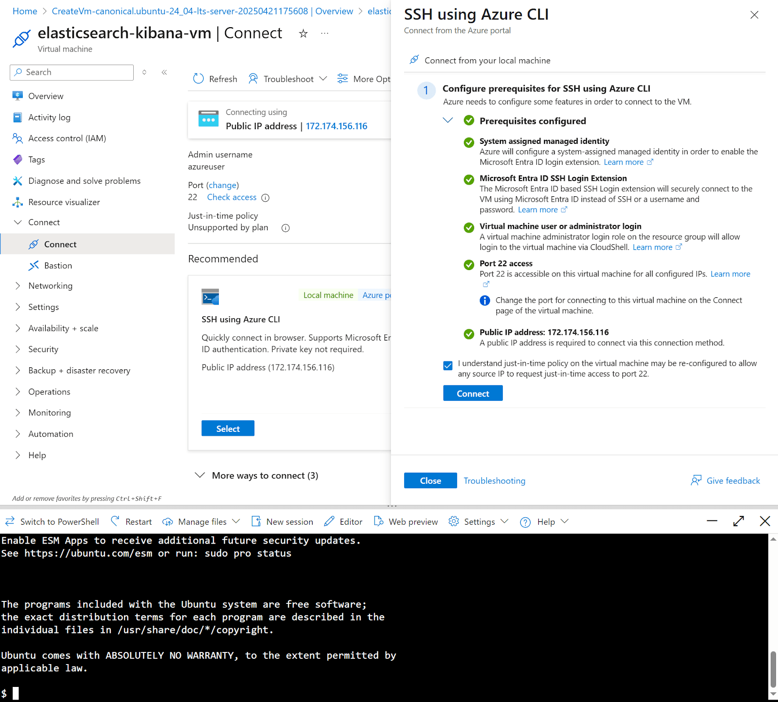 A terminal to the instance showing up at the bottom of the Microsoft Azure page.