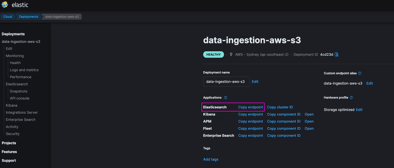 Note the Elasticsearch endpoint for data ingestion aws s3